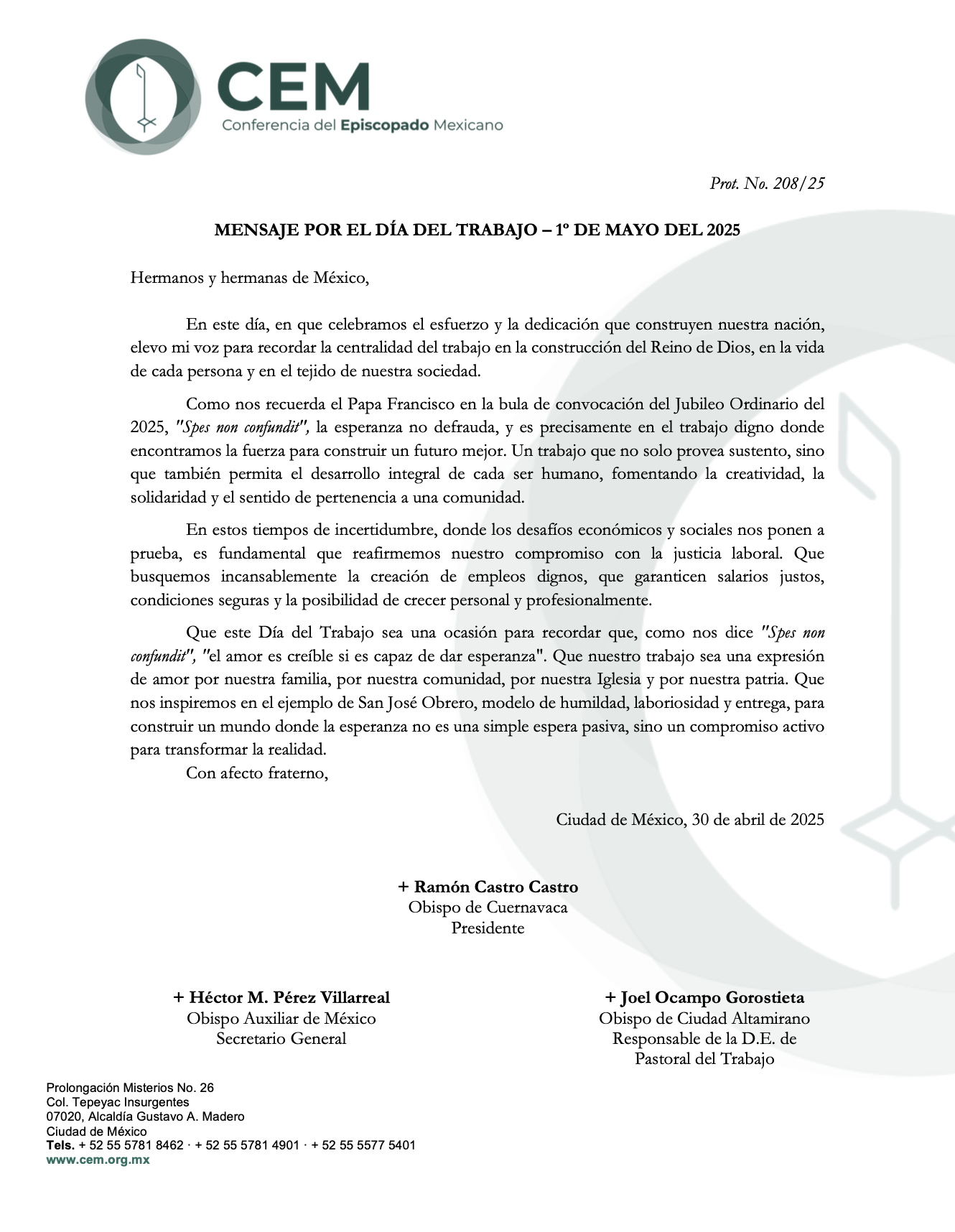 Desde la CEM. Prot. No. 208/25. MENSAJE POR EL DÍA DEL TRABAJO - 1° DE MAYO DEL 2025.